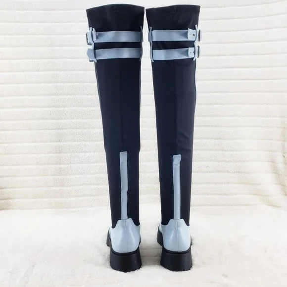 Techno Baby Blue Lycra Stretch Lug Sole Thigh High Combat Rider Brand New - Picture 6 of 16